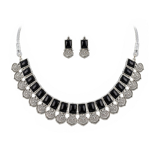 Oxidized Silver Black Stone Choker Necklace with Earrings Set – Navratri Special Traditional Antique Jewellery Set for Women & Girls