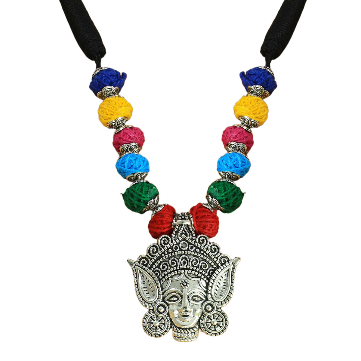 JFL-Jewellery for Less Multicolour Cotton Thread Jewellery Set–Necklace,Earrings with Oxidised Silver Ornate Face Pendant, Matching Beadwork & Dangling Charms––Navratri, Garba