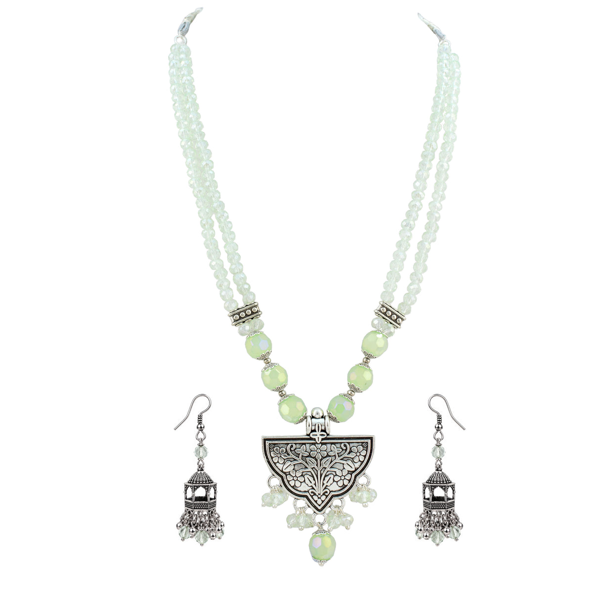 JFL - Jewellery for Less Navratri Necklace Set with Bracelet for Women | German Silver Oxidised Jewellery | Floral Pendant with Mint Green Beads & Sunflower Earrings | Traditional Ethnic Necklace Set for Garba, Dandiya & Festive