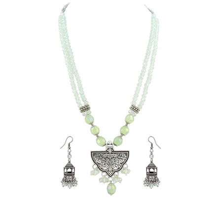 JFL - Jewellery for Less Navratri Necklace Set with Bracelet for Women | German Silver Oxidised Jewellery | Floral Pendant with Mint Green Beads & Sunflower Earrings | Traditional Ethnic Necklace Set for Garba, Dandiya & Festive