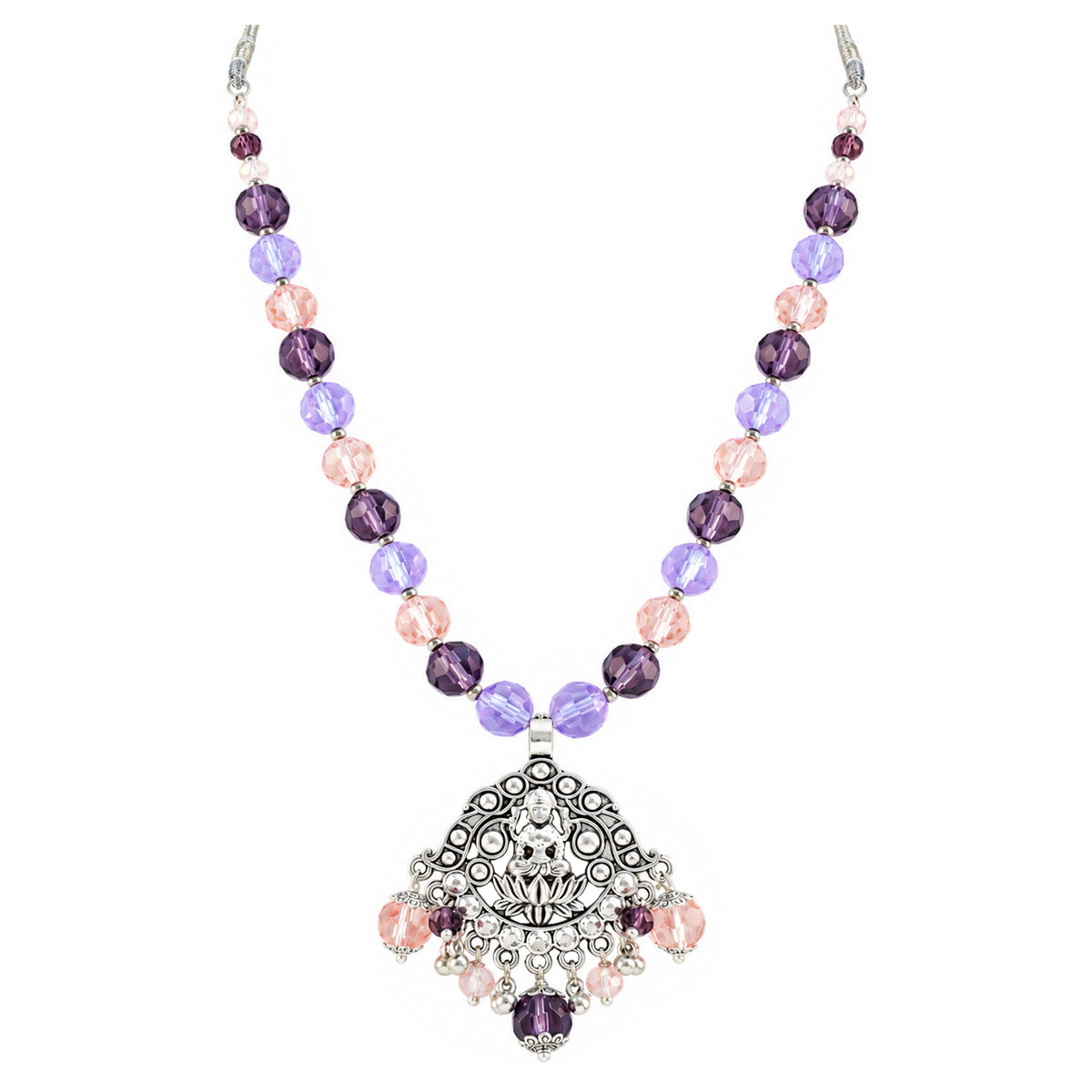 JFL - Jewellery for Less Oxidized Silver Lakshmi Pendant Beaded Necklace Earrings with Bracelet Set – Purple Lavender Peach Crystal Beads Jhumka Earring Jewellery Set for Women & Girls