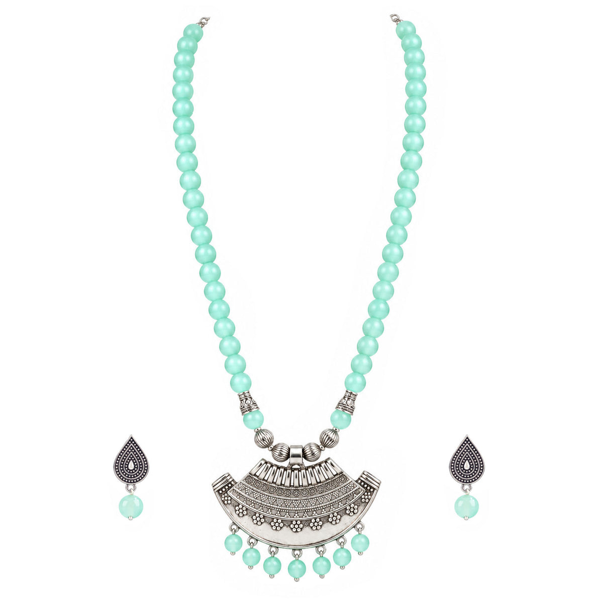 Oxidized German Silver Half Moon Pendant Necklace with Sea Green Beads and Matching Earrings & Bracelet – Navratri Special Traditional Jewellery Set for Women