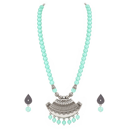 Oxidized German Silver Half Moon Pendant Necklace with Sea Green Beads and Matching Earrings & Bracelet – Navratri Special Traditional Jewellery Set for Women