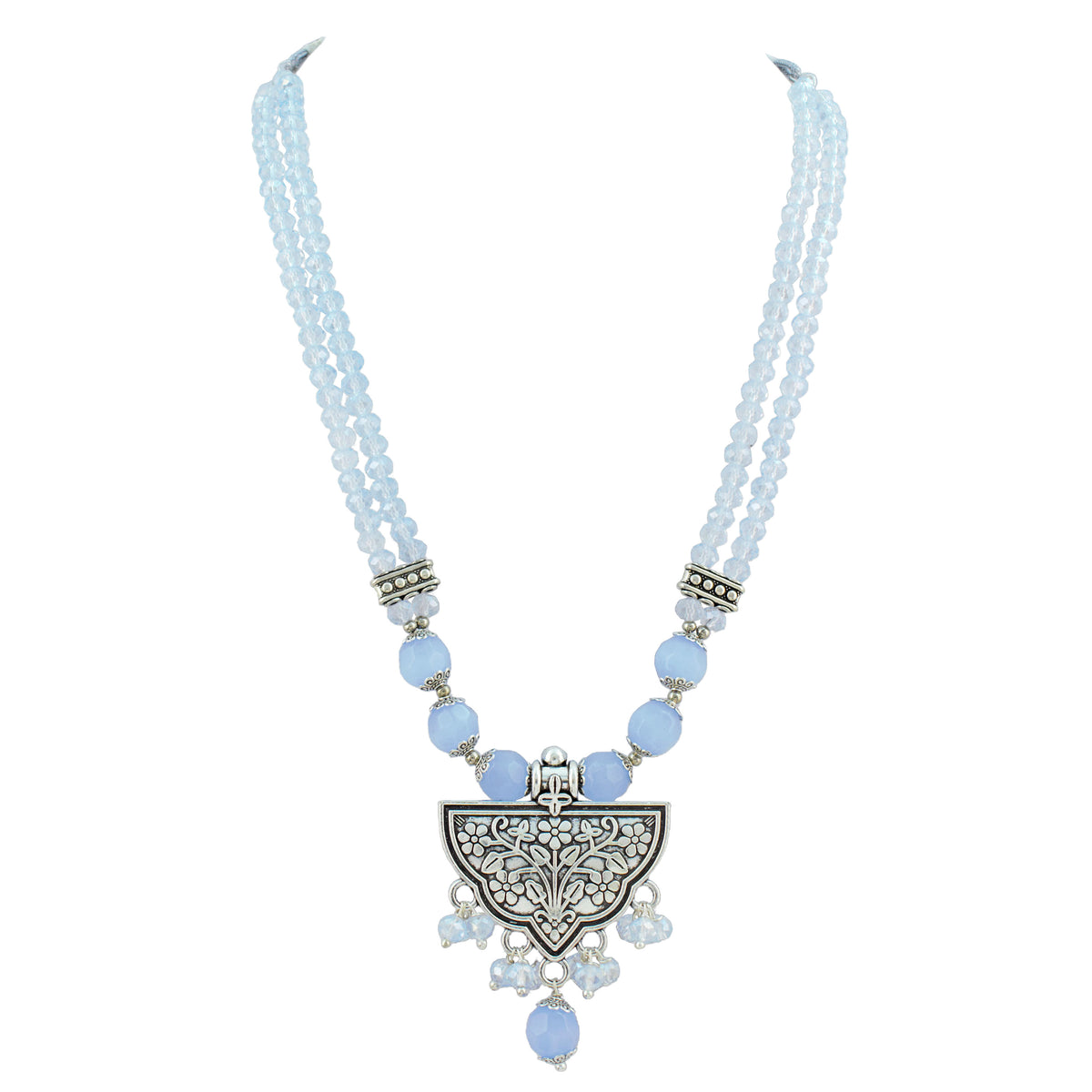 JFL - Jewellery for Less Navratri Necklace Set for Women | German Silver Oxidised Jewellery | Half-Circle Floral Pendant with Light Blue Beads | Traditional Ethnic Necklace & Earrings with Bracelet Set for Garba, Dandiya & Festive