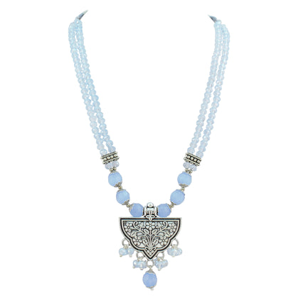 JFL - Jewellery for Less Navratri Necklace Set for Women | German Silver Oxidised Jewellery | Half-Circle Floral Pendant with Light Blue Beads | Traditional Ethnic Necklace & Earrings with Bracelet Set for Garba, Dandiya & Festive