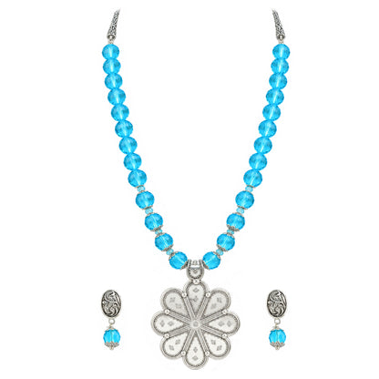 JFL - Jewellery for Less Oxidized Silver Floral Pendant Sky Blue Beaded Necklace Earrings with Bracelet Set for Women – Navratri Special Traditional Jewellery Set
