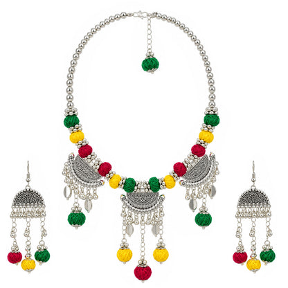 Oxidized German Silver Green Yellow Red Thread Ball Necklace with Earrings – Ethnic Wire Collar Jewellery Set for Women, Navratri Special