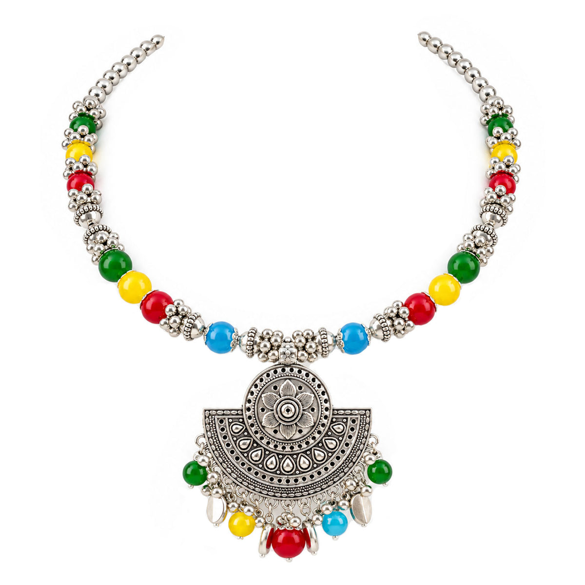 Oxidized German Silver Multicolor Beaded Necklace, Bracelet & Earrings Set – Floral Pendant Ethnic Wire Collar Jewellery Set for Women, Navratri Special