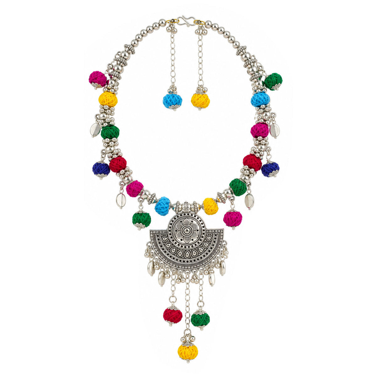 Oxidized German Silver Multicolor Thread Ball Necklace with Earrings, Bracelet – Ethnic Wire Collar Jewellery Set for Women, Navratri Special