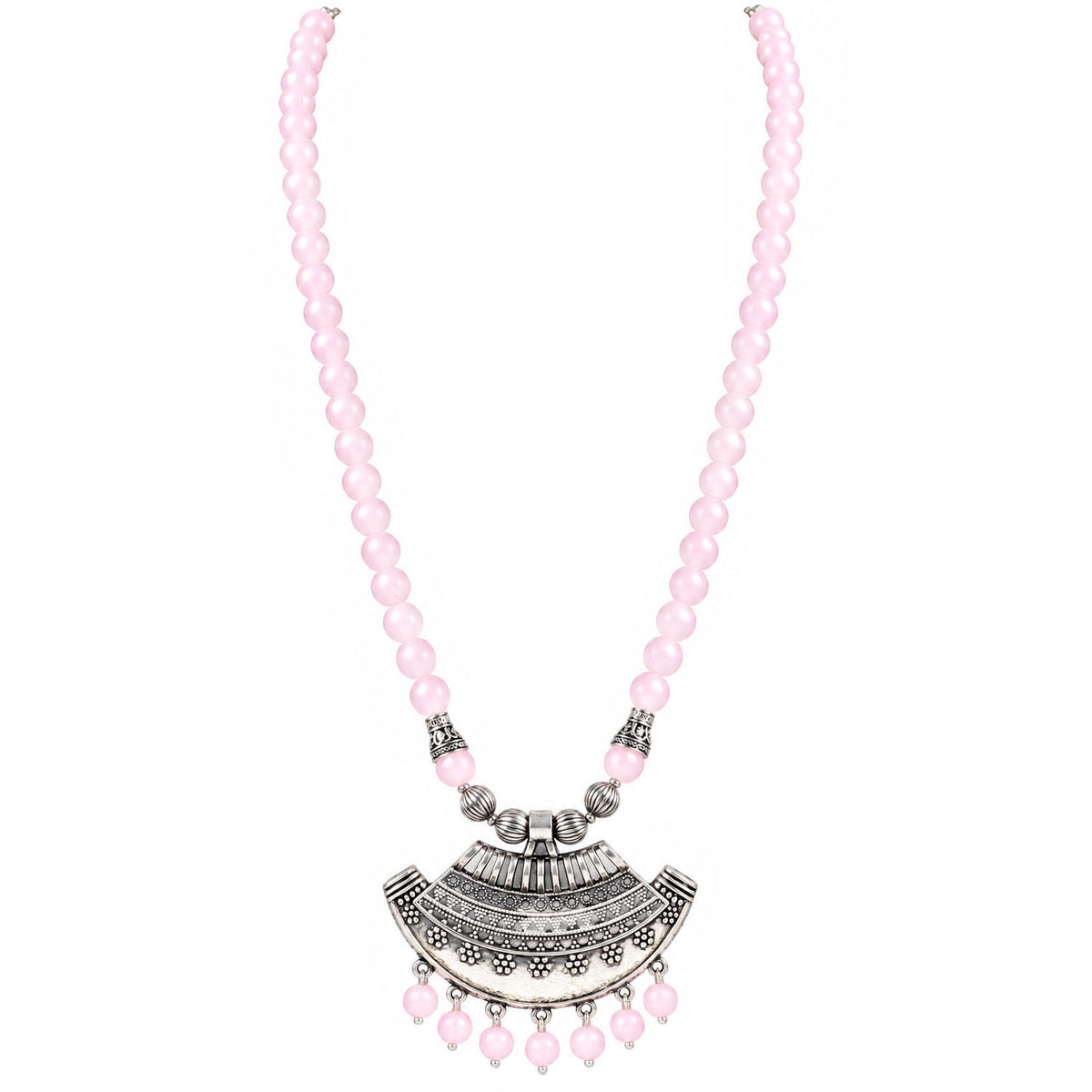 Oxidized German Silver Half Moon Pendant Necklace with Baby Pink Beads and Matching Earrings & Bracelet – Navratri Special Traditional Jewellery Set for Women