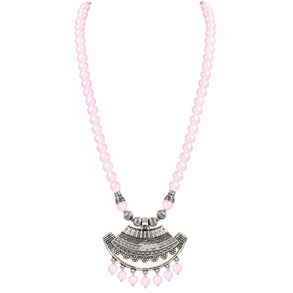 Oxidized German Silver Half Moon Pendant Necklace with Baby Pink Beads and Matching Earrings & Bracelet – Navratri Special Traditional Jewellery Set for Women