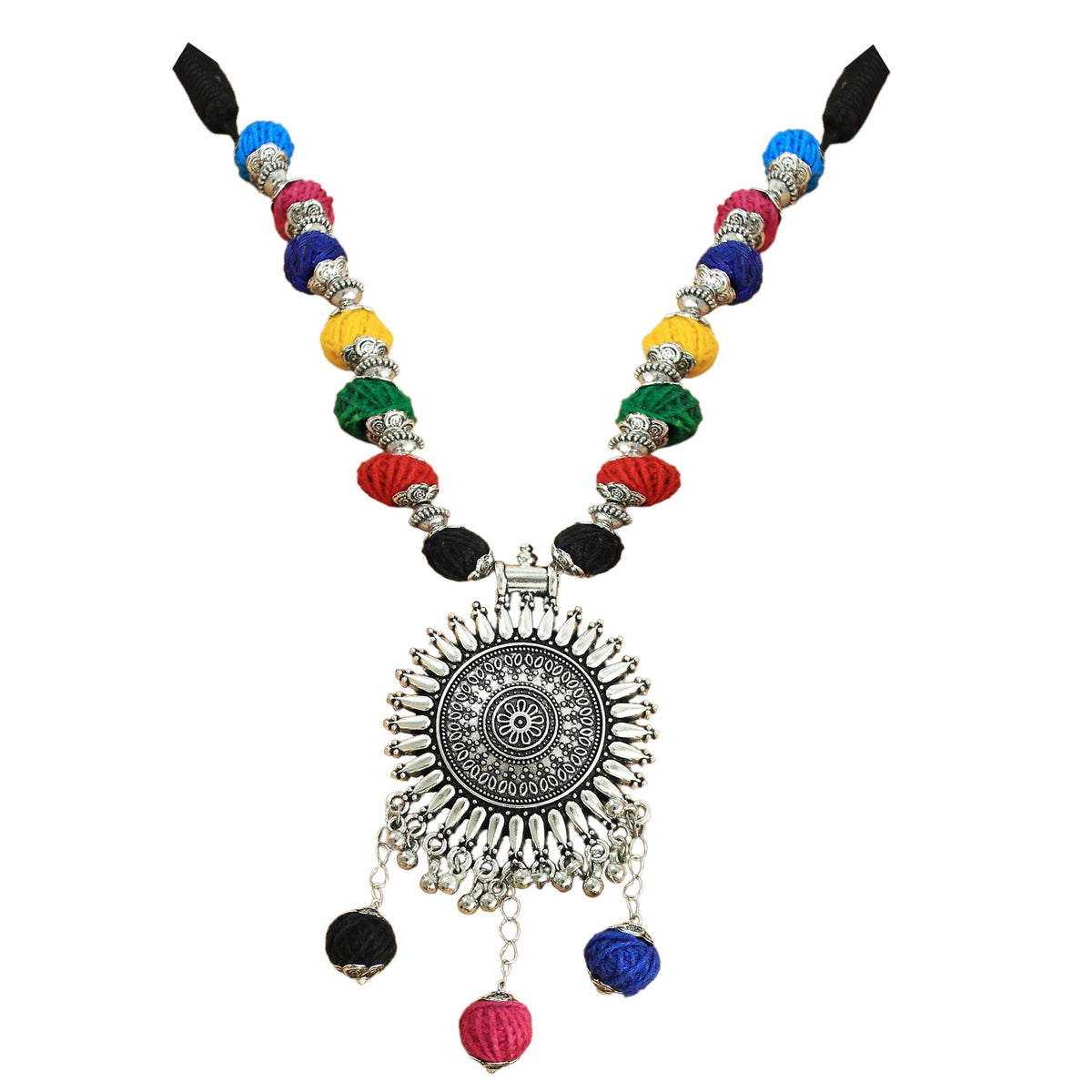 JFL-Jewellery for Less Multicolour Cotton Thread Jewellery Set – Necklace,Earrings with Oxidised Silver Ornate Pendant, Matching Beadwork & Dangling Charms – Navratri, Garba