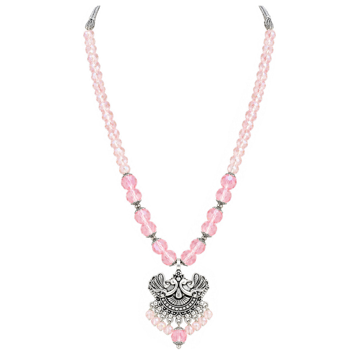 JFL - Jewellery for Less Oxidized German Silver Twin Peacock Pendant Pink Crystal Beads Necklace with Earrings Set for Women | Antique Silver Design Jewellery Set | Navratri Special Traditional Jewellery