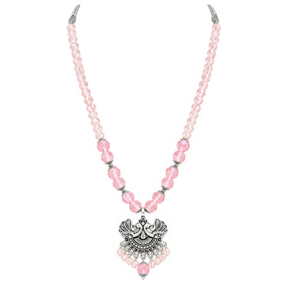 JFL - Jewellery for Less Oxidized German Silver Twin Peacock Pendant Pink Crystal Beads Necklace with Earrings Set for Women | Antique Silver Design Jewellery Set | Navratri Special Traditional Jewellery