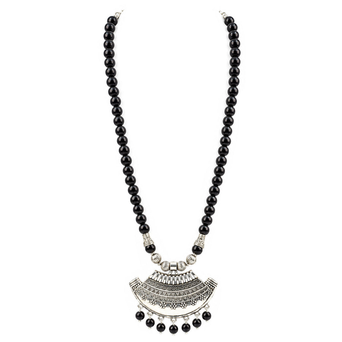Oxidized German Silver Half Moon Pendant Necklace with Black Beads and Matching Earrings & Bracelet – Navratri Special Traditional Jewellery Set for Women