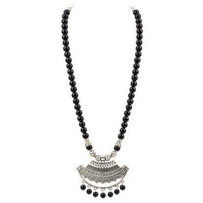 Oxidized German Silver Half Moon Pendant Necklace with Black Beads and Matching Earrings & Bracelet – Navratri Special Traditional Jewellery Set for Women