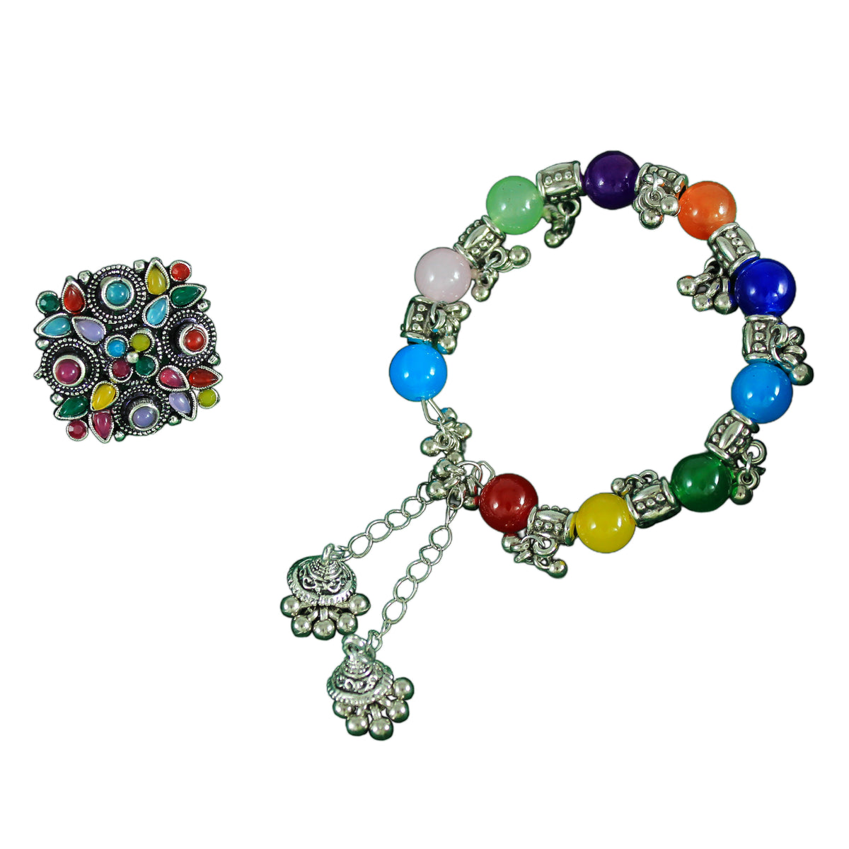 JFL - Jewellery for Less Navratri Special Multicolor Stone Adjustable Finger Ring & Ghungroo Beaded Kada Bracelet Set | Traditional Festive Jewellery for Women & Girls