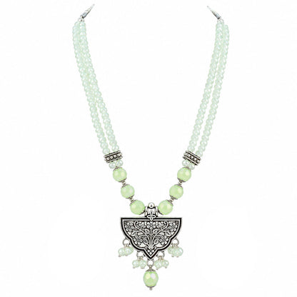 JFL - Jewellery for Less Navratri Necklace Set with Bracelet for Women | German Silver Oxidised Jewellery | Floral Pendant with Mint Green Beads & Sunflower Earrings | Traditional Ethnic Necklace Set for Garba, Dandiya & Festive
