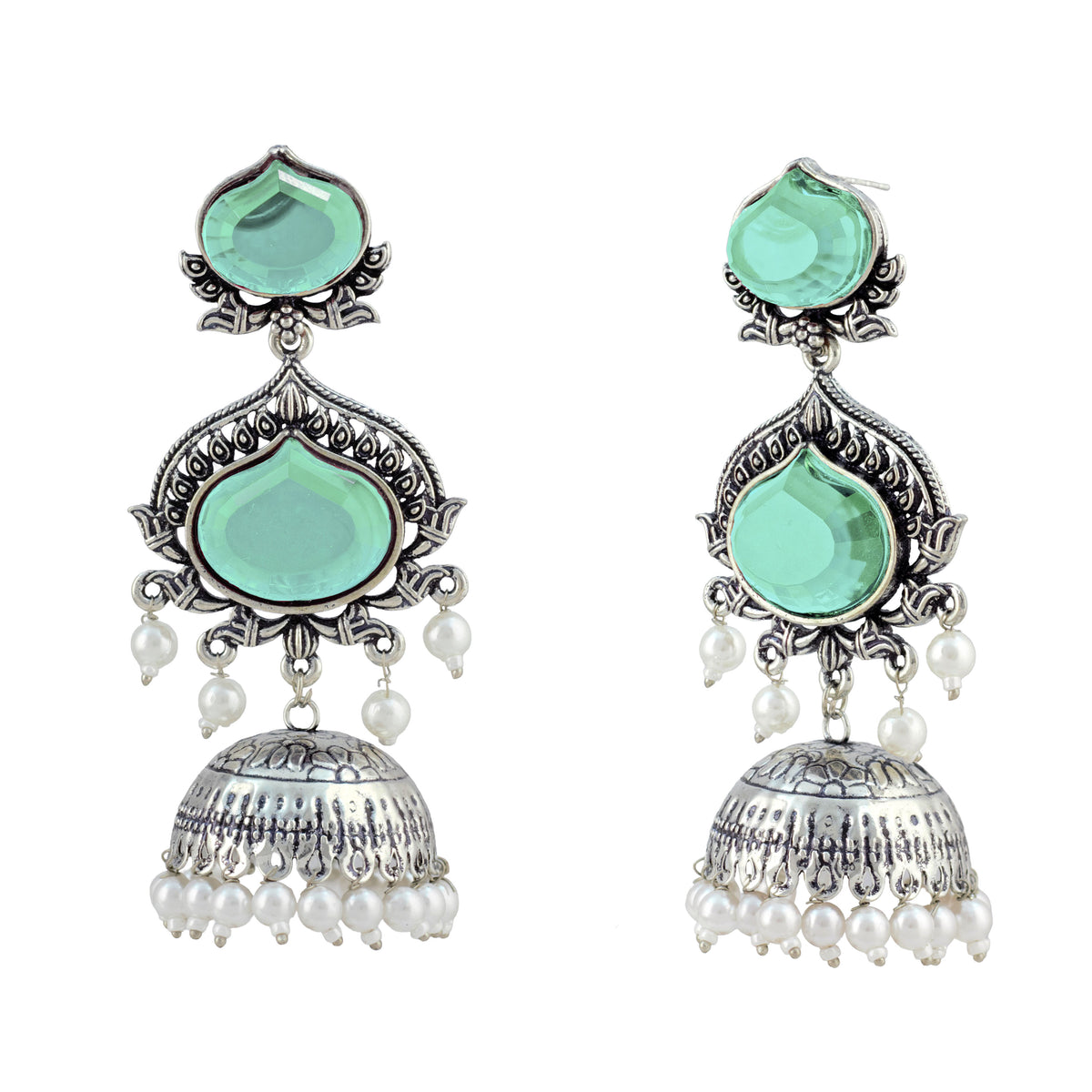 JFL - Jewellery for Less Oxidized Silver-Toned Jhumka Earrings with Mint-Green Stone and Pearl Drops – Traditional Ethnic Jewellery for Women