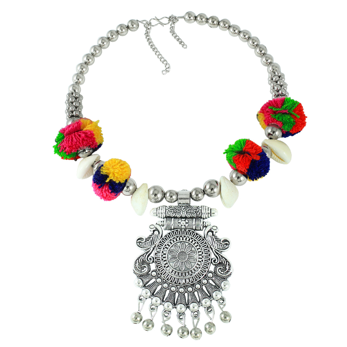 JFL - Jewellery for Less Oxidised Pendant Necklace Bracelet Earrings Set with Pom‑Pom, Shell & Elephant Charm – Traditional Jewellery Combo for Women & Girls – Navratri, Garba, Wedding & Party Use
