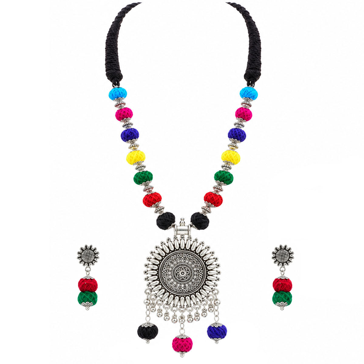 JFL - Jewellery for Less Oxidized German Silver Sun Pendant Multicolor Thread Beads Necklace and Earrings with Bracelet Set for Women | Handmade Cotton Thread Jewellery with Adjustable Black Dori | Navratri Special Tribal Jewellery
