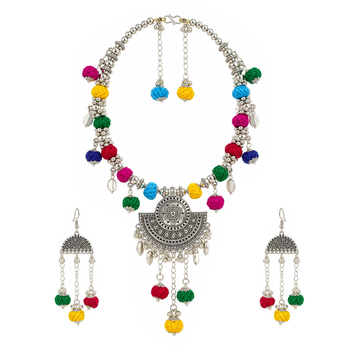 Oxidized German Silver Multicolor Thread Ball Necklace with Earrings – Ethnic Wire Collar Jewellery Set for Women, Navratri Special