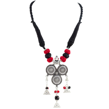 JFL - Jewellery for Less Oxidized Silver Afghani Necklace Set with Red & Black Thread Beads – Tribal Boho Jhumka Earrings – Navratri Traditional Jewellery for Women & Girls