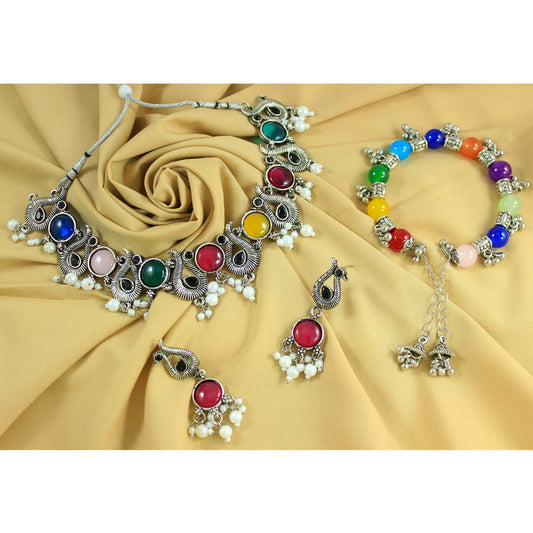 JFL‑Jewellery for Less Multicolour Stone & Pearl Jewellery Set – Necklace, Earrings & Bracelet with Oxidised Silver Floral Segment Design, Dangling Beads & Charm Details-Women & Girl –Navratri, Garba
