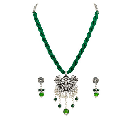 JFL - Jewellery for Less Oxidized Silver Peacock Pendant Green Thread Necklace Earrings with Bracelet Set – Green Bead Dangle Jewellery Set for Women & Girls