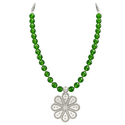 JFL - Jewellery for Less Oxidized Silver Floral Pendant Green Beaded Necklace Earrings with Bracelet Set for Women – Navratri Special Traditional Jewellery Set
