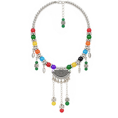 Oxidized German Silver Multicolor Beaded Necklace & Dangle Earrings , Bracelet Set – Ethnic Wire Collar Jewellery Set for Women, Navratri Special