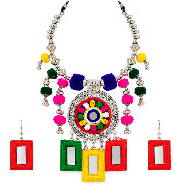 Oxidized Silver-Tone Mirror Work Necklace with Earrings , Bracelet Set for Women | Multicolor Thread & Pom-Pom Rajasthani Tribal Jewellery Set | Navratri Garba Special Ethnic Necklace Set