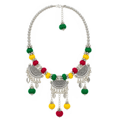 Oxidized German Silver Green Yellow Red Thread Ball Necklace with Earrings – Ethnic Wire Collar Jewellery Set for Women, Navratri Special