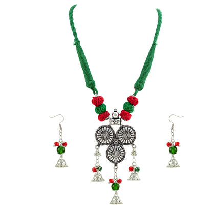 JFL - Jewellery for Less Oxidized Silver Afghani Necklace Set with Red & Green Thread Beads – Tribal Boho Jhumka Earrings – Navratri Traditional Jewellery for Women & Girls