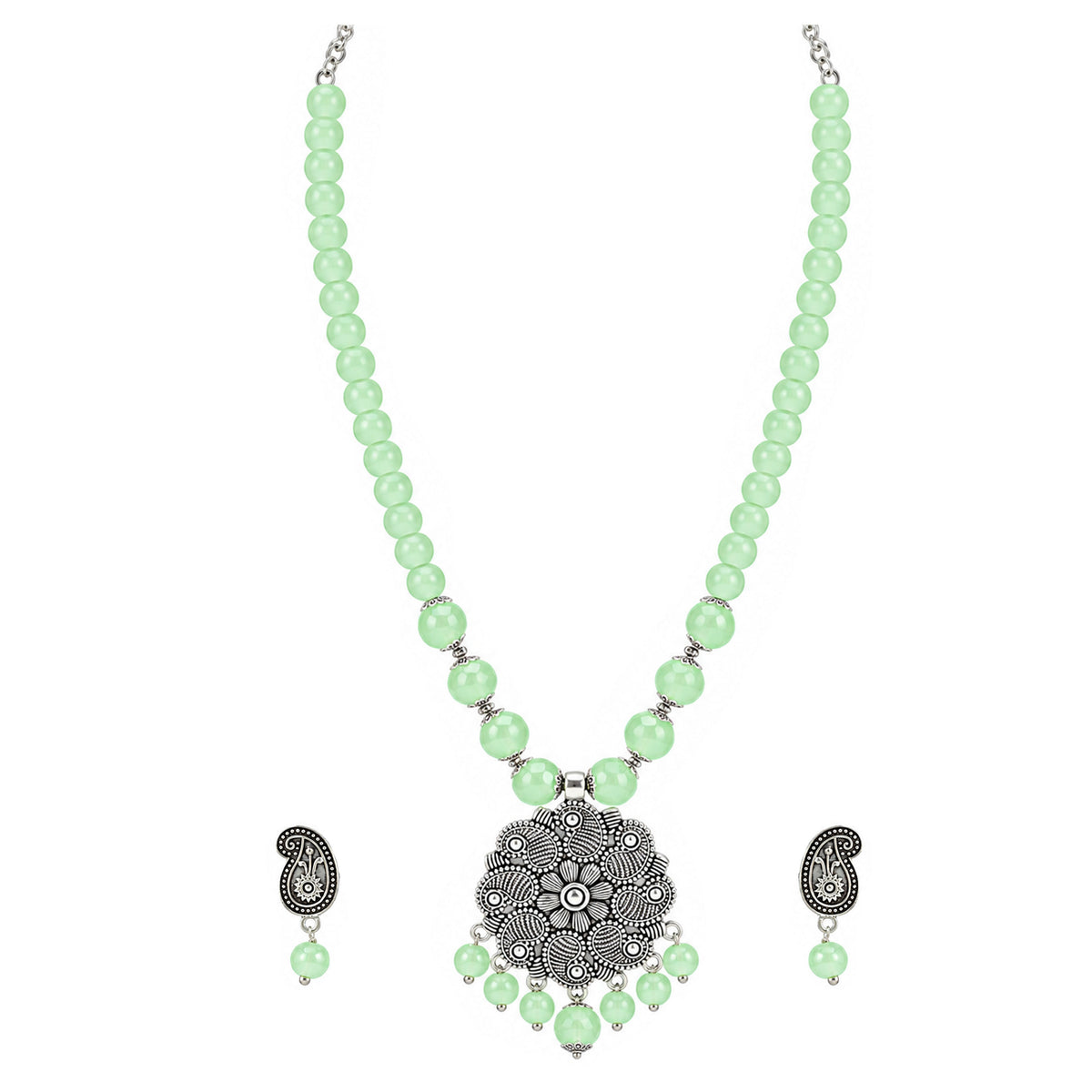JFL - Jewellery for Less Oxidized Silver Floral Pendant Green Beaded Necklace Earrings with Bracelet Set – Paisley Design Jewellery Set for Women & Girls