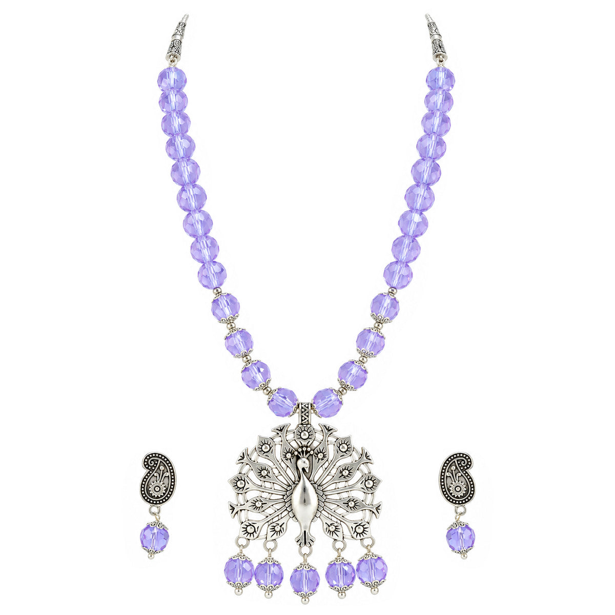 JFL - Jewellery for Less Oxidized German Silver Peacock Pendant Purple Crystal Beads Necklace and Earrings with Bracelet Set for Women | Antique Silver Design Jewellery Set | Navratri Special Traditional Jewellery