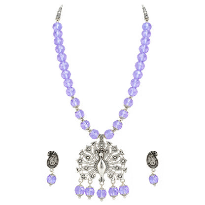 JFL - Jewellery for Less Oxidized German Silver Peacock Pendant Purple Crystal Beads Necklace and Earrings with Bracelet Set for Women | Antique Silver Design Jewellery Set | Navratri Special Traditional Jewellery