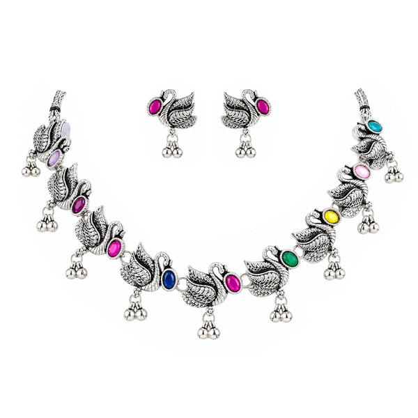 JFL - Jewellery for Less Oxidized German Silver Swan Necklace Set with Earrings and Bracelet – Colorful Stone Choker Jewellery Set for Women & Girls, Traditional Ethnic Antique Silver Combo