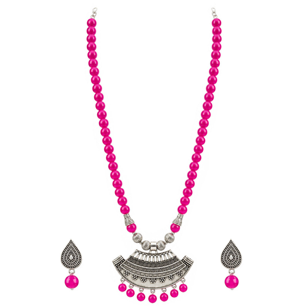 Oxidized German Silver Half Moon Pendant Necklace with Rani Pink Beads and Matching Earrings & Bracelet – Navratri Special Traditional Jewellery Set for Women