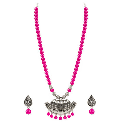 Oxidized German Silver Half Moon Pendant Necklace with Rani Pink Beads and Matching Earrings & Bracelet – Navratri Special Traditional Jewellery Set for Women