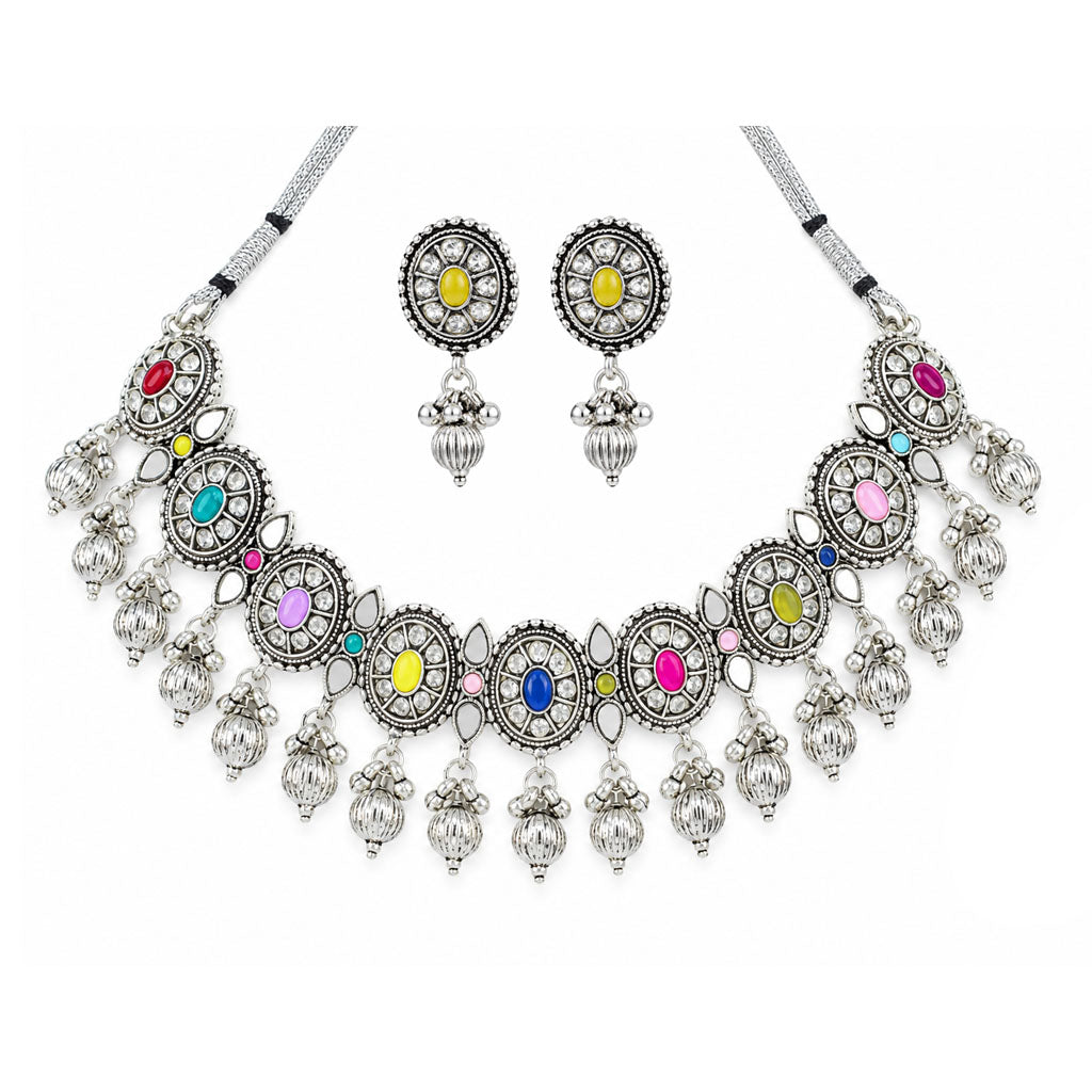 JFL - Jewellery for Less Oxidized German Silver Necklace Set with Earrings – Round Motif Multicolor Stone Choker Jewellery Set for Women & Girls, Traditional Ethnic Antique Silver Combo