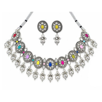 JFL - Jewellery for Less Oxidized German Silver Necklace Set with Earrings – Round Motif Multicolor Stone Choker Jewellery Set for Women & Girls, Traditional Ethnic Antique Silver Combo
