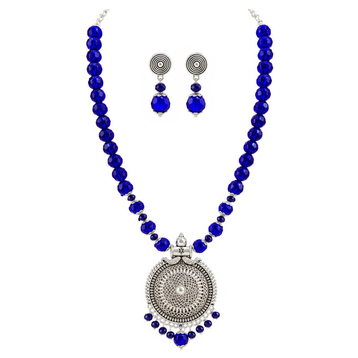 JFL - Jewellery for Less Oxidized German Silver Round Pendant Royal Blue Beads Necklace with Earrings Set for Women | Antique Silver Filigree Design Jewellery Set | Navratri Special Traditional Jewellery
