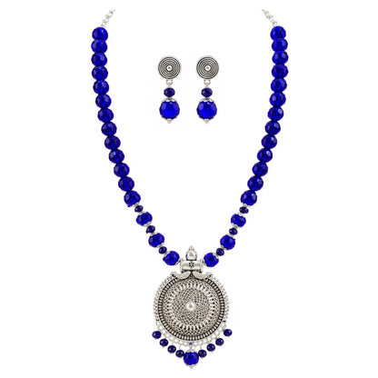 JFL - Jewellery for Less Oxidized German Silver Round Pendant Royal Blue Beads Necklace with Earrings Set for Women | Antique Silver Filigree Design Jewellery Set | Navratri Special Traditional Jewellery
