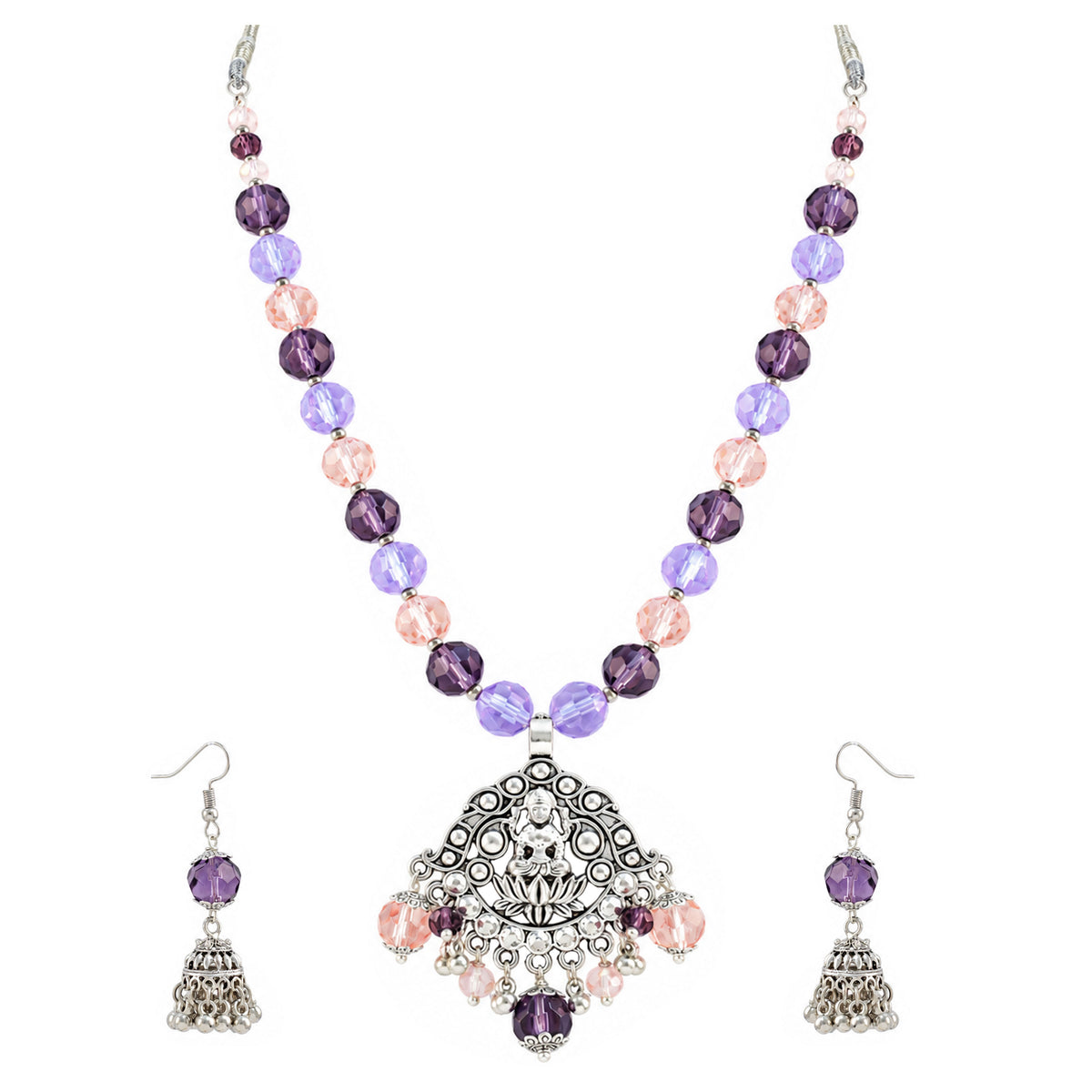 JFL - Jewellery for Less Oxidized Silver Lakshmi Pendant Beaded Necklace Earrings with Bracelet Set – Purple Lavender Peach Crystal Beads Jhumka Earring Jewellery Set for Women & Girls