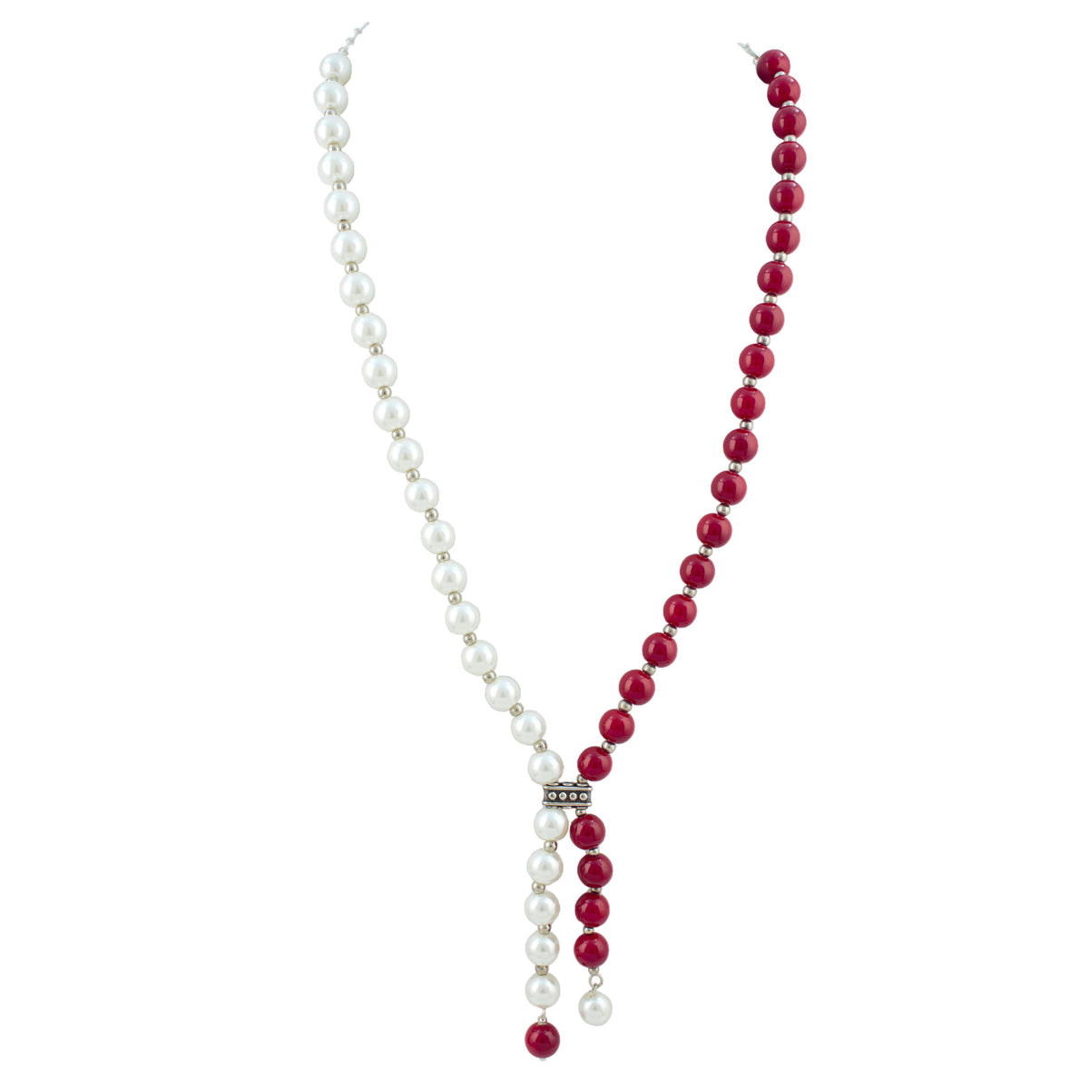 JFL - Jewellery for Less Pearl and Red Bead Asymmetric Necklace Set with Drop Earrings for Women | Oxidized Silver Accent Traditional Ethnic Jewellery | Navratri Festive