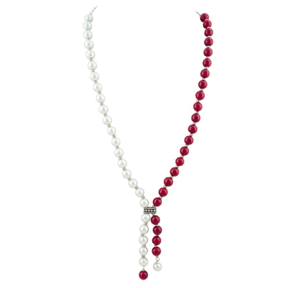 JFL - Jewellery for Less Pearl and Red Bead Asymmetric Necklace Set with Drop Earrings for Women | Oxidized Silver Accent Traditional Ethnic Jewellery | Navratri Festive