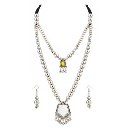 Oxidized German Silver Layered Necklace Set with Yellow Stone & Mirror Pendant, Beaded Drop Earrings – Navratri Special Ethnic Jewellery Set for Women & Girls