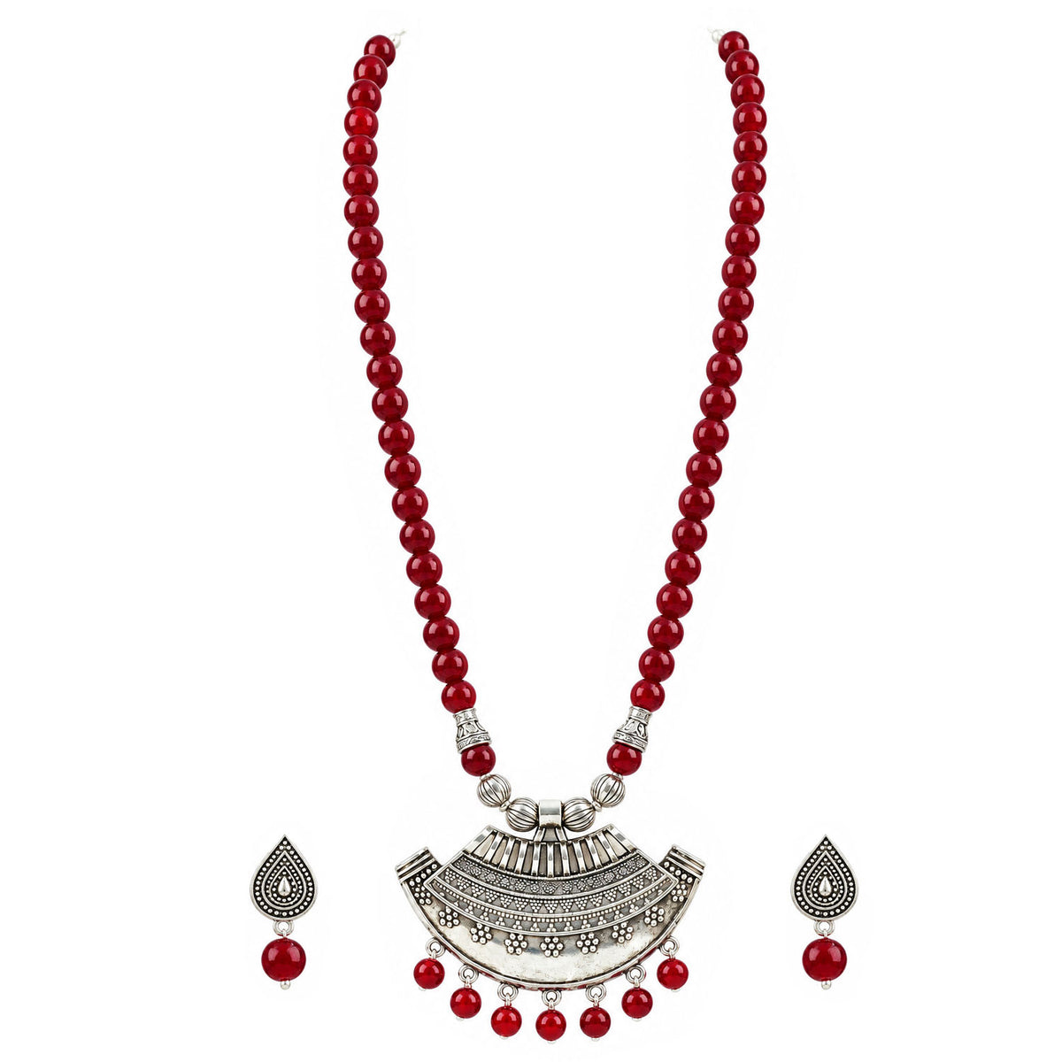 Oxidized German Silver Half Moon Pendant Necklace with Maroon Beads and Matching Earrings & Bracelet – Navratri Special Traditional Jewellery Set for Women