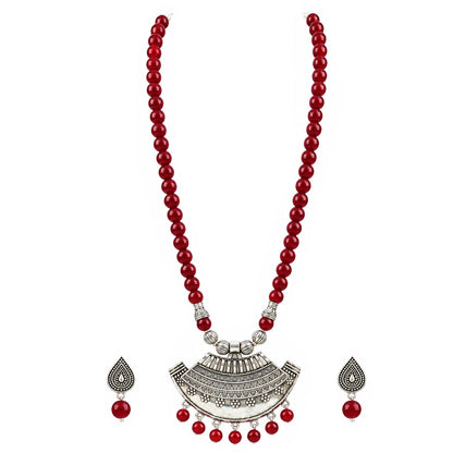 Oxidized German Silver Half Moon Pendant Necklace with Maroon Beads and Matching Earrings & Bracelet – Navratri Special Traditional Jewellery Set for Women